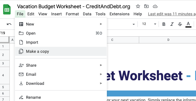 How to make a copy of the vacation budget worksheet